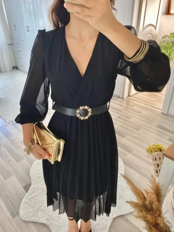 Kadın şifon Kumaş Astalı Kloş Kesim Kruvaze Yaka Midi Boy Elbise - 7