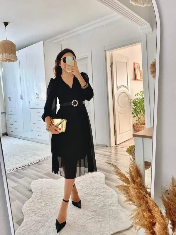 Kadın şifon Kumaş Astalı Kloş Kesim Kruvaze Yaka Midi Boy Elbise - 5