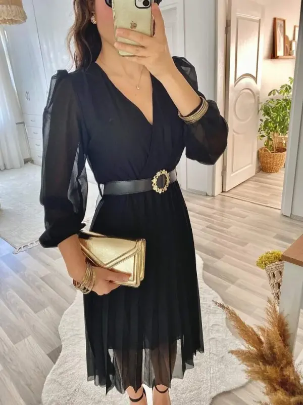 Kadın şifon Kumaş Astalı Kloş Kesim Kruvaze Yaka Midi Boy Elbise - 6