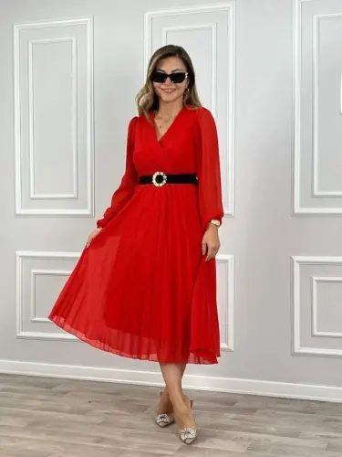 Kadın şifon Kumaş Astalı Kloş Kesim Kruvaze Yaka Midi Boy Elbise - BÜYÜKBEDENIZ (1)