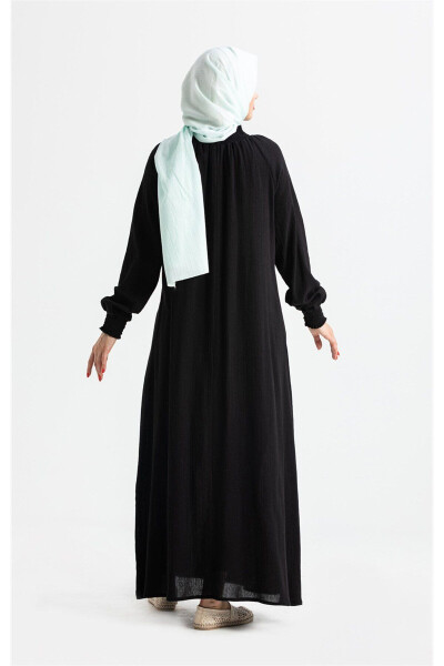Kadın Şile Bezi Pamuk Namaz Elbisesi Tek Parça Kolay Boydan Giyilen Kolu ve Yakası Lastikli Siyah Sy-Siyah - ELIŞ ŞILE BEZI (1)