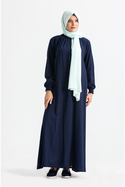 Kadın Şile Bezi Pamuk Namaz Elbisesi Tek Parça Kolay Boydan Giyilen Kolu ve Yakası Lastikli Lacivert-Lacivert - 5