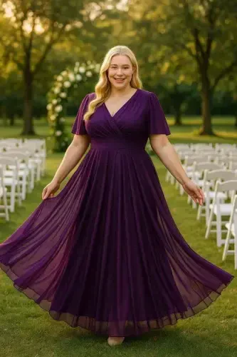 Kadın Simli Tül Esnek Kruvaze Yaka Volan Kol Uzun Şık MOR Abiye Elbise KL3051 - 6