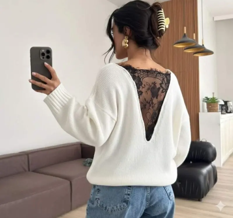 Kadın Sırtı Dantel Transparan Detay Triko Kazak - 1