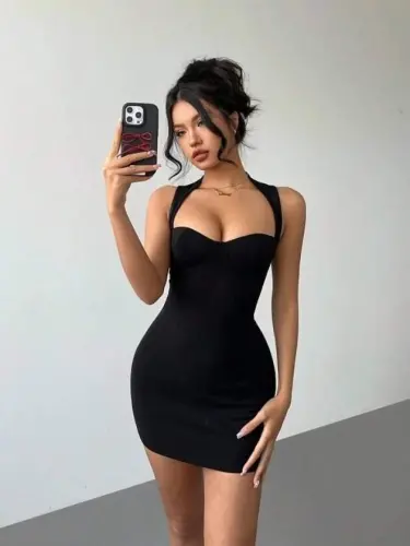 Kadın Sırtı Kalp Detaylı Likralı Esnek Kumaş Mini Boy Elbise - 4