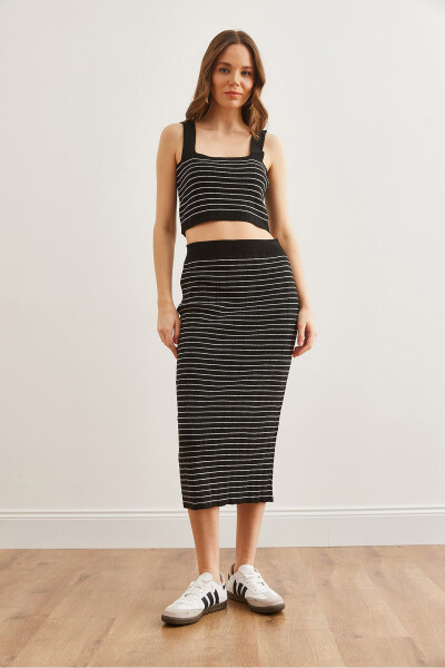 Kadın Siyah 3 Parça Çizgili Triko Takım TKM-19000322-Siyah - 2