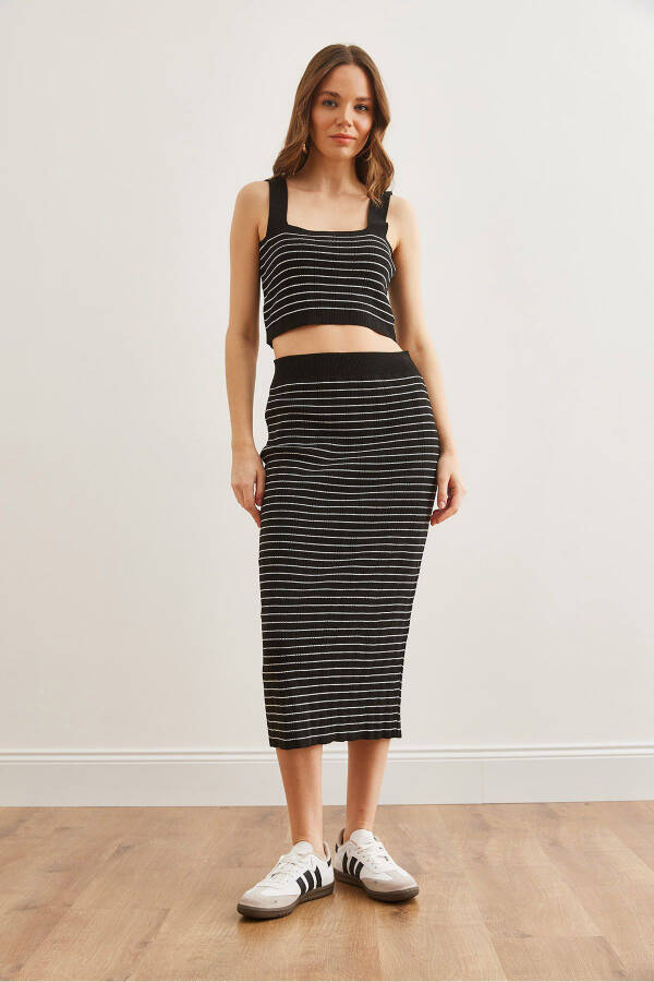 Kadın Siyah 3 Parça Çizgili Triko Takım TKM-19000322-Siyah - 2