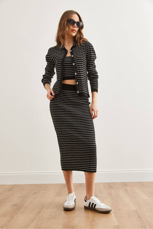 Kadın Siyah 3 Parça Çizgili Triko Takım TKM-19000322-Siyah - 5