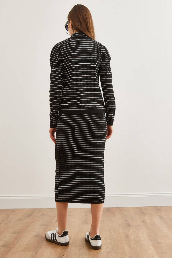 Kadın Siyah 3 Parça Çizgili Triko Takım TKM-19000322-Siyah - 7