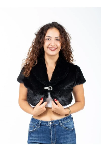 Kadın Siyah Abiye Gelin Kürk Bolero Yarım Kollu-SİYAH - KÜRKZONE