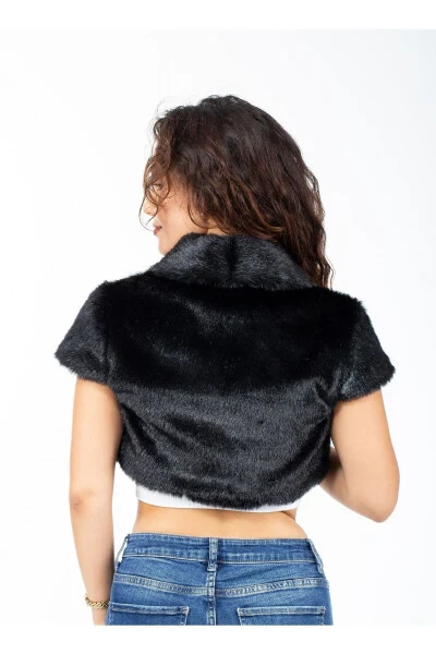 Kadın Siyah Abiye Gelin Kürk Bolero Yarım Kollu-SİYAH - KÜRKZONE (1)