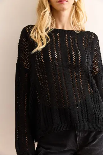 Kadın Siyah Ajurlu Relaxed Fit Mevsimlik Triko Bluz BLZ-19002980 - Siyah - 5
