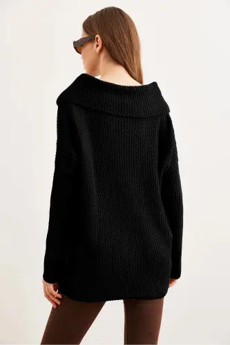 Kadın Siyah Anvelop Yaka Düğmeli Triko Hırka HRK-19000326-Siyah - 4