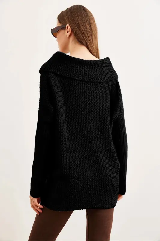 Kadın Siyah Anvelop Yaka Düğmeli Triko Hırka HRK-19000326-Siyah - 4