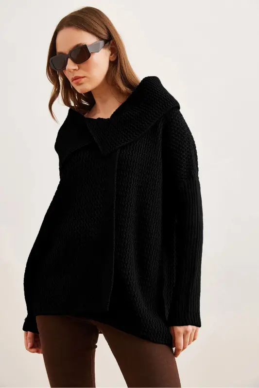 Kadın Siyah Anvelop Yaka Düğmeli Triko Hırka HRK-19000326-Siyah - 2