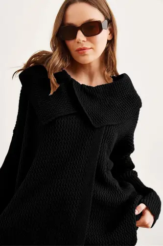 Kadın Siyah Anvelop Yaka Düğmeli Triko Hırka HRK-19000326-Siyah - 3