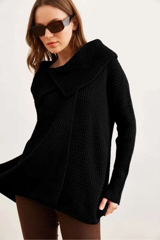 Kadın Siyah Anvelop Yaka Düğmeli Triko Hırka HRK-19000326-Siyah - OLALOOK