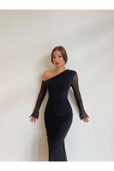 Kadın Siyah Asimetrik Yaka Tek Omuz Tül Detaylı Midi Boy Elbise-Siyah - 3