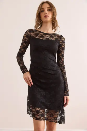 Kadın Siyah Astarlı Drape Detaylı Dantel Elbise ELB-19002367 - Siyah - 1
