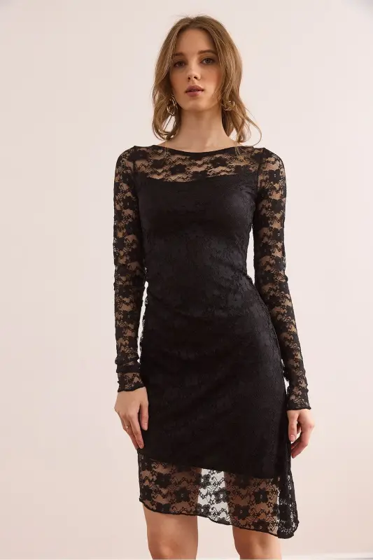Kadın Siyah Astarlı Drape Detaylı Dantel Elbise ELB-19002367 - Siyah - 5