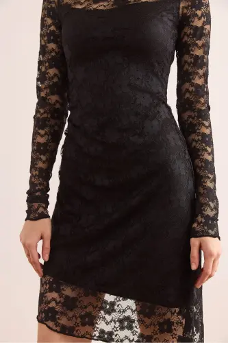Kadın Siyah Astarlı Drape Detaylı Dantel Elbise ELB-19002367 - Siyah - 6