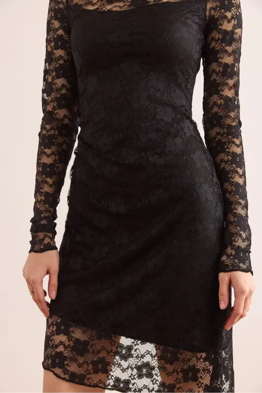 Kadın Siyah Astarlı Drape Detaylı Dantel Elbise ELB-19002367 - Siyah - 6
