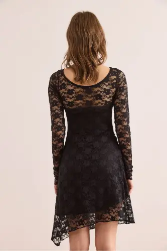 Kadın Siyah Astarlı Drape Detaylı Dantel Elbise ELB-19002367 - Siyah - 7