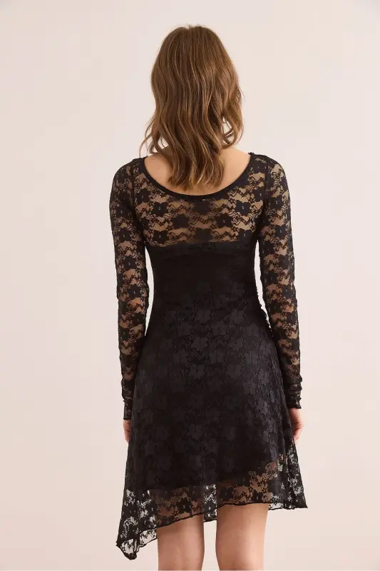 Kadın Siyah Astarlı Drape Detaylı Dantel Elbise ELB-19002367 - Siyah - 7