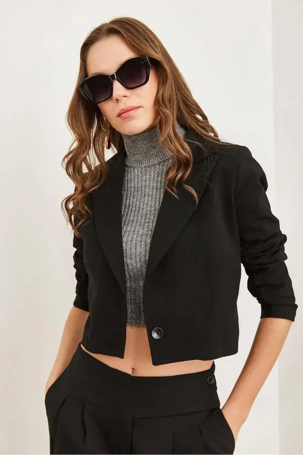 Kadın Siyah Astarlı Premium Poliviskon Crop Blazer Ceket CKT-19000394-Siyah - 2