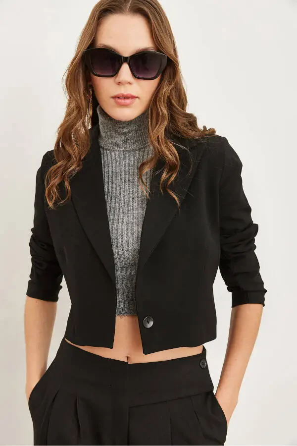 Kadın Siyah Astarlı Premium Poliviskon Crop Blazer Ceket CKT-19000394-Siyah - 3
