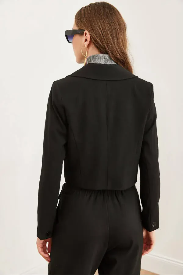 Kadın Siyah Astarlı Premium Poliviskon Crop Blazer Ceket CKT-19000394-Siyah - 6