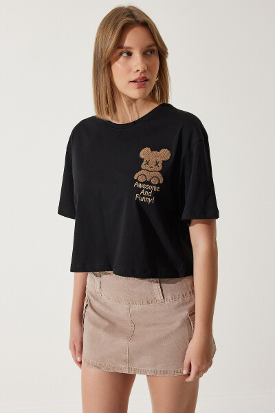 Kadın Siyah Ayıcık Armalı Crop Örme T-Shirt HF00455-Siyah - 3