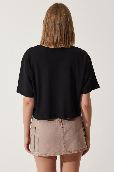Kadın Siyah Ayıcık Armalı Crop Örme T-Shirt HF00455-Siyah - 5