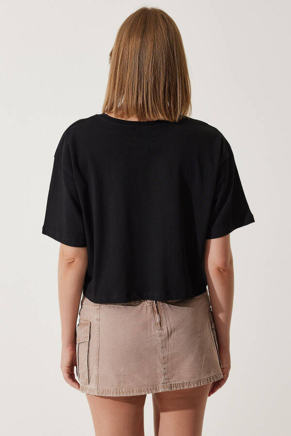 Kadın Siyah Ayıcık Armalı Crop Örme T-Shirt HF00455-Siyah - 5