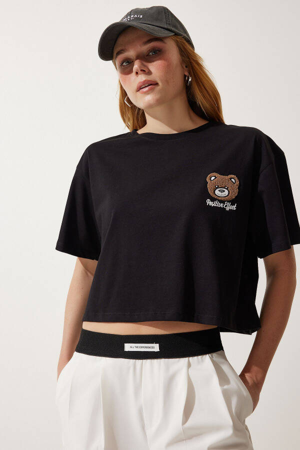 Kadın Siyah Ayıcık Armalı Crop Örme T-Shirt HF00456 - Siyah - 2
