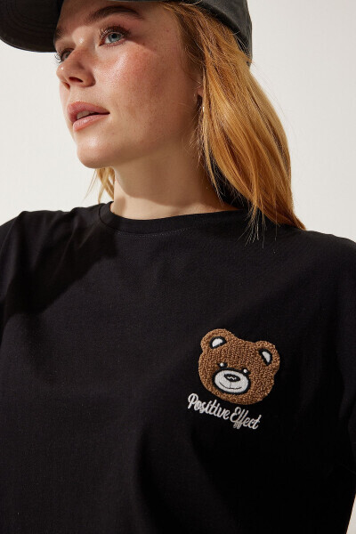 Kadın Siyah Ayıcık Armalı Crop Örme T-Shirt HF00456 - Siyah - 4