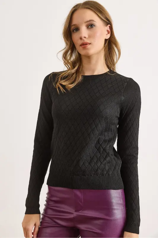 Kadın Siyah Baklava Desenli Mevsimlik Triko Bluz BLZ-19002885-Siyah - OLALOOK