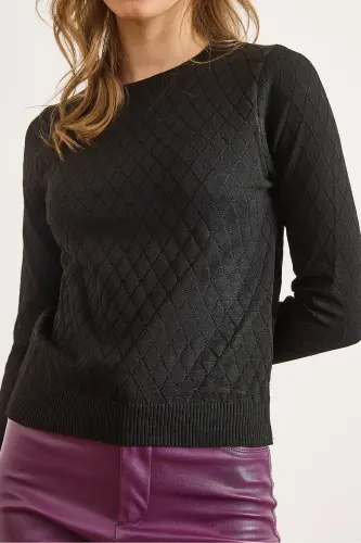 Kadın Siyah Baklava Desenli Mevsimlik Triko Bluz BLZ-19002885-Siyah - 3