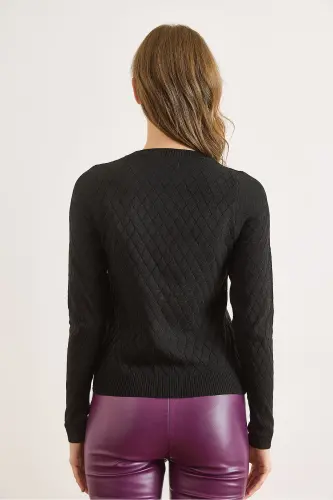 Kadın Siyah Baklava Desenli Mevsimlik Triko Bluz BLZ-19002885-Siyah - 4