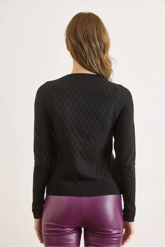 Kadın Siyah Baklava Desenli Mevsimlik Triko Bluz BLZ-19002885-Siyah - 4