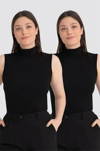 Kadın Siyah Balıkçı Yaka 2'li Kolsuz Body - 1