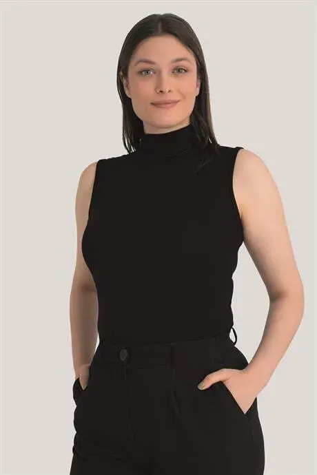 Kadın Siyah Balıkçı Yaka 2'li Kolsuz Body - 4