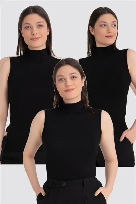 Kadın Siyah Balıkçı Yaka Kolsuz Body 3'lü Paket - 1