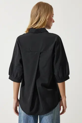 Kadın Siyah Balon Kollu Poplin Gömlek DD01308 - Siyah - 6