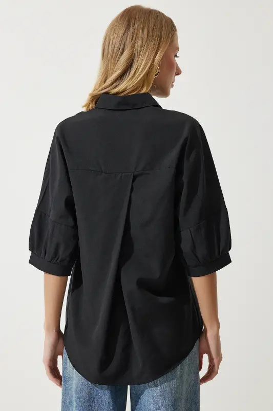 Kadın Siyah Balon Kollu Poplin Gömlek DD01308 - Siyah - 6