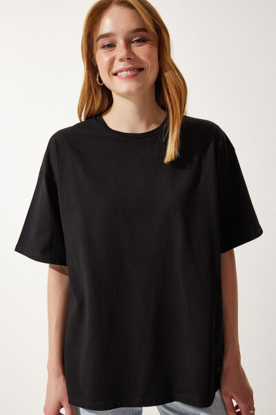 Kadın Siyah Basic Oversize Örme T-Shirt HW00007-Siyah 