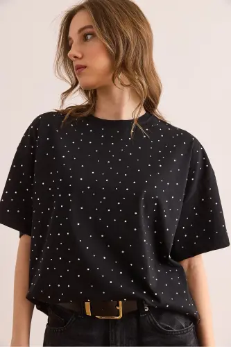 Damen-T-Shirt mit schwarzem Aufdruck und Steindetails, reguläre Passform, TSH- 19000831 - Schwarz - 3