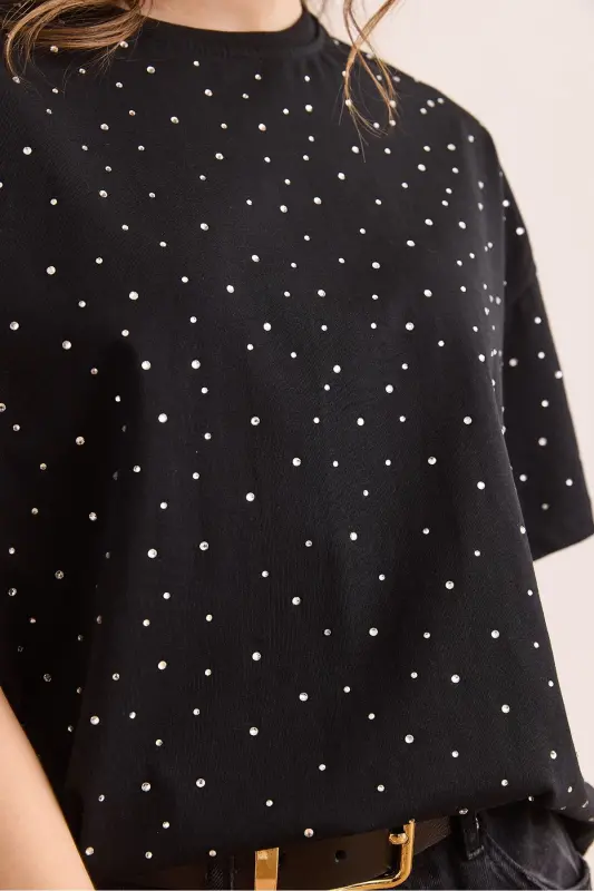 Damen-T-Shirt mit schwarzem Aufdruck und Steindetails, reguläre Passform, TSH- 19000831 - Schwarz - 5