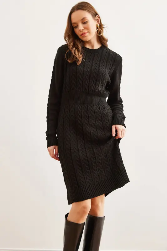 Kadın Siyah Beli Bantlı Yırtmaçlı Saç Örgü Mini Elbise ELB-19002289-Siyah - 1