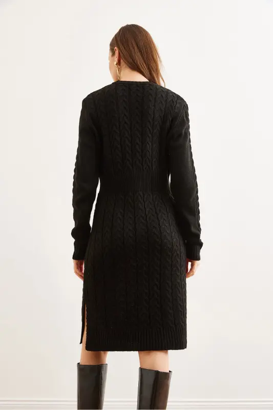 Kadın Siyah Beli Bantlı Yırtmaçlı Saç Örgü Mini Elbise ELB-19002289-Siyah - 6